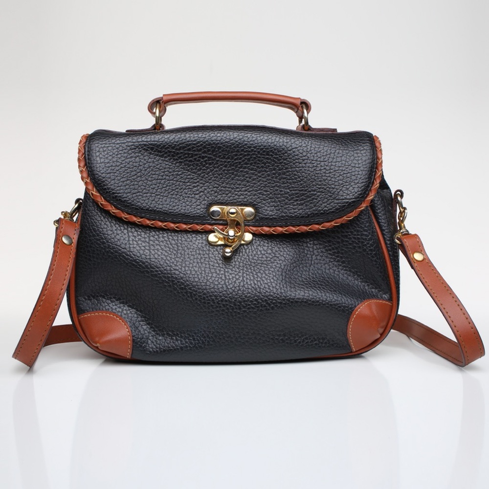 Unique Vintage Latch Satchel BLK|CML Faux Cow Skin
